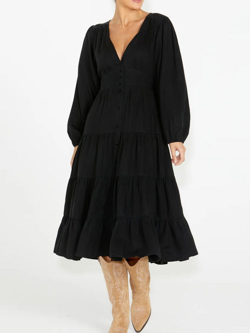 Charity Tiered Midi Dress- Black