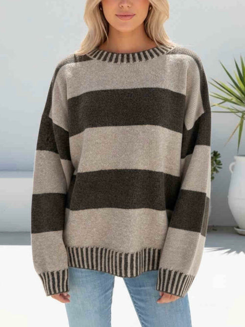Thea Stripe Knit-Beige/Choc