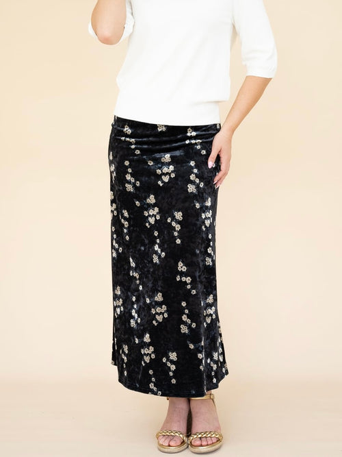 Velvet Floral Bias Skirt- Navy