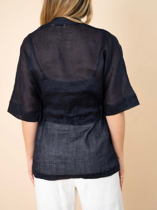 Linen Tie Waist Shirt- Navy