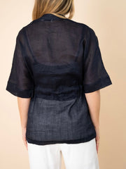 Linen Tie Waist Shirt- Navy