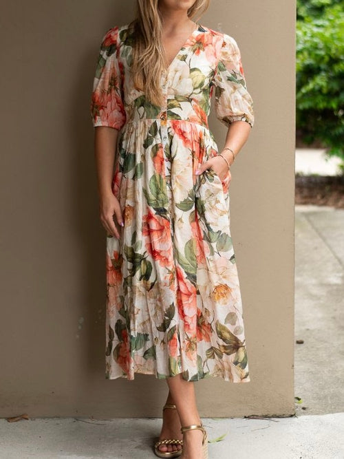 Peony Floral Button Midi Dress