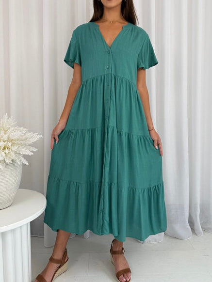 Fleur Linen Dress- Green