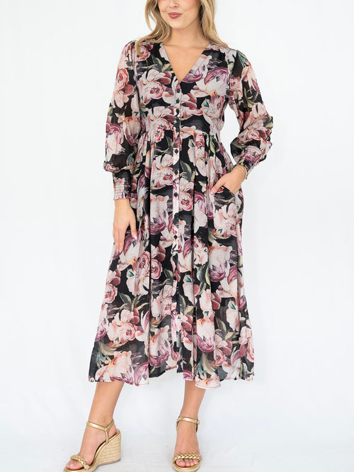 Blush Floral Print Button Dress- Black