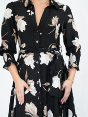 Magnolia Lace Godet Dress- Black