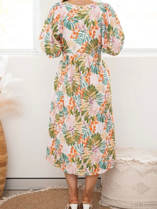 Floral Peasant Dress- Orange/Green