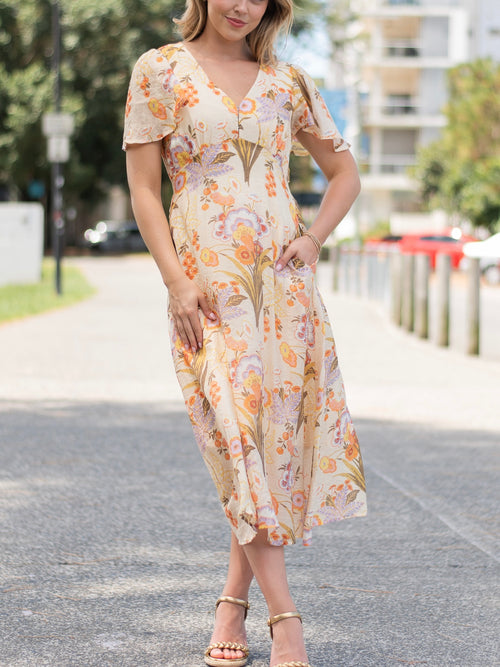 Oriental Flower Kivari Dress- Yellow