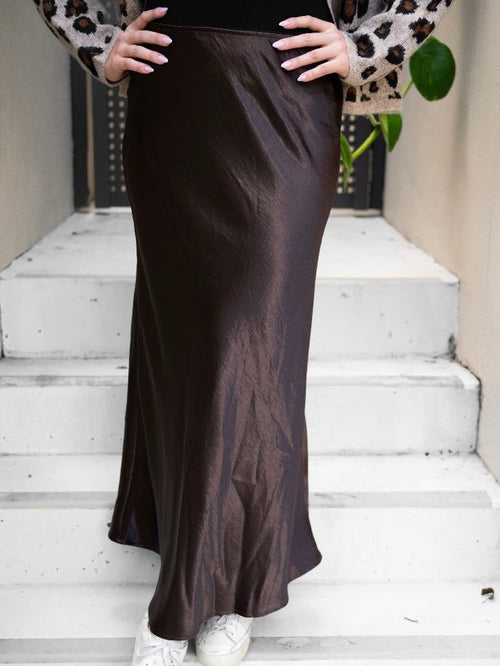 Satin Bias Cut Midi Skirt- Chocolate