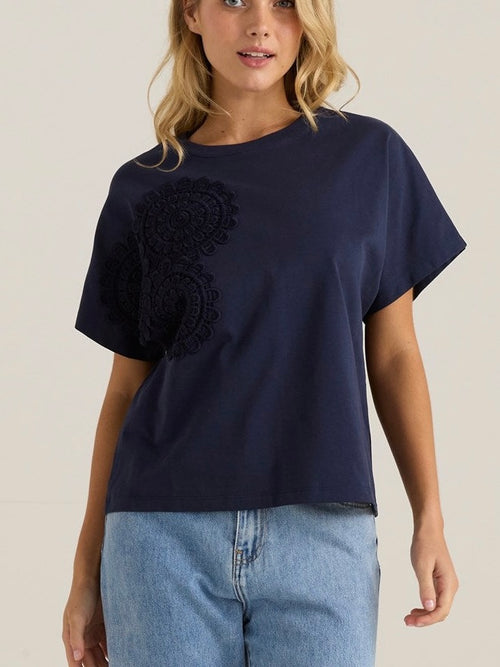 Mira Crochet Tee- Navy