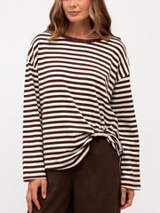 Stripe L/S Tuck Top- Choc/White