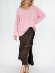 Satin Lace Split Skirt - Chocolate