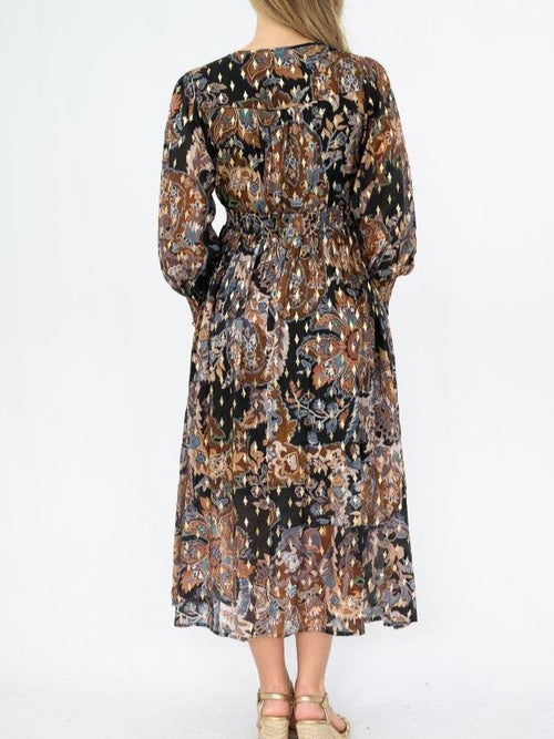 Batik Floral Button Midi Dress- Black