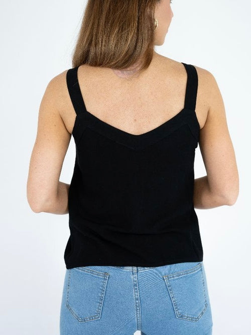 Big Button Linen Singlet- Black