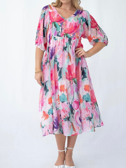 Rayna Peasant Dress- Pink/Green