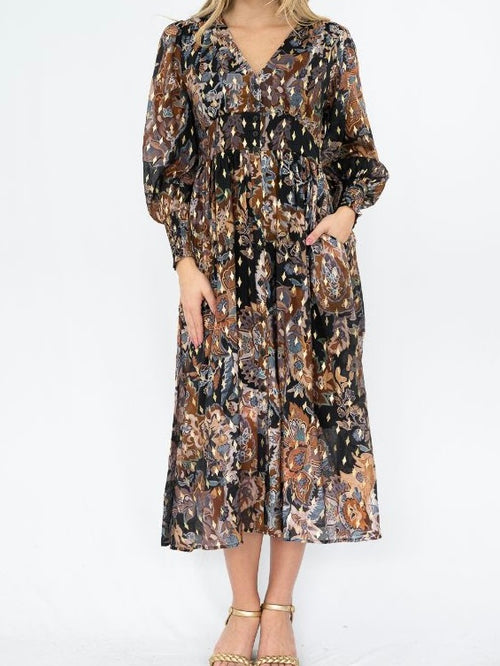 Batik Floral Button Midi Dress- Black
