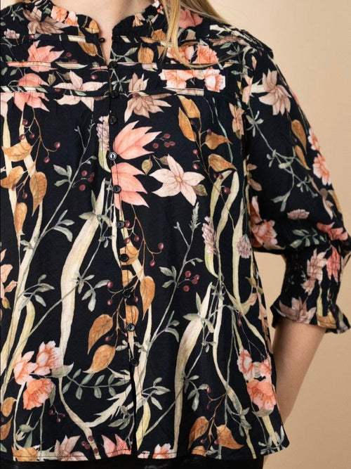 Gather Detail Blouse- Black Floral