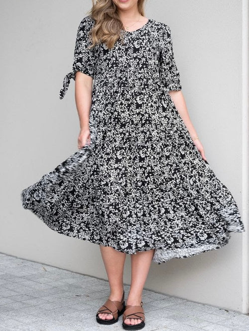 Ditzy Print Midi Dress- Blk/Wht