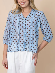 Polka Dot Ruffle Blouse- Blue/Choc