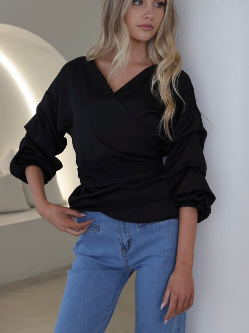 Satin Wrap Shirt- Black