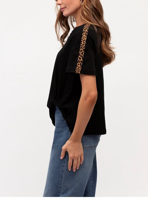Leopard Trim Tuck Tee- Black