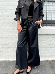 Faux Leather Drawstring Pants- Black
