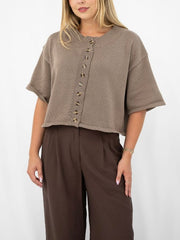 Open Knit Button Top- Mocha