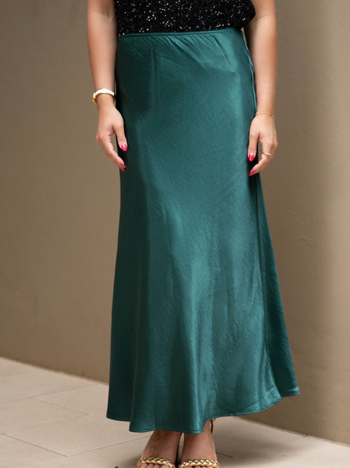 Satin Bias Cut Midi Skirt- Green