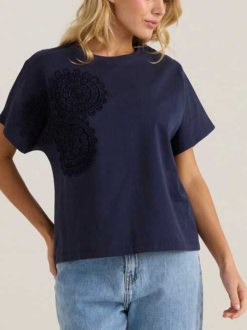 Mira Crochet Tee- Navy