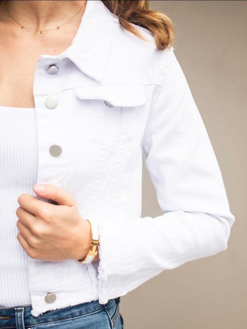 Fray Hem Crop Denim Jacket- White