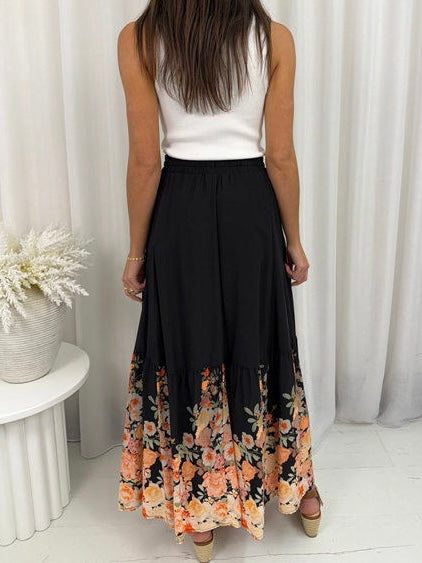 Bridgett Floral Maxi Skirt- Black