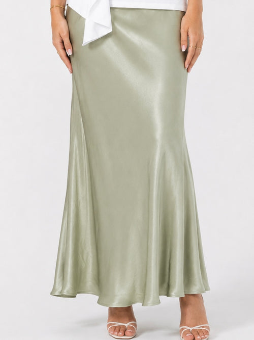 Satin Bias Cut Midi Skirt- Sage