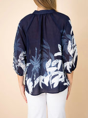 Border Floral Blouse- Navy