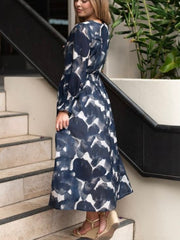 Big Brush Print Button Dress- Navy