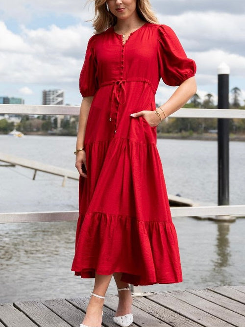 Selma Button Dress- Red