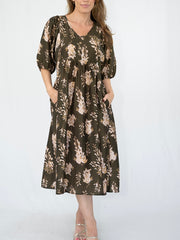 Floral Peasant Dress- Khaki
