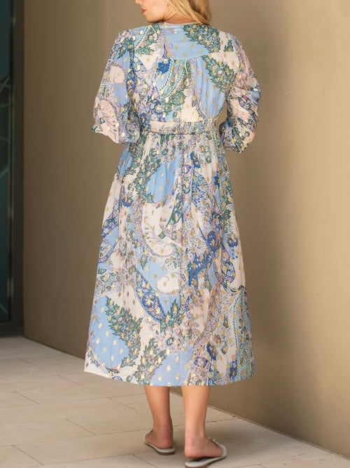 Paisley Gold Print Button Dress