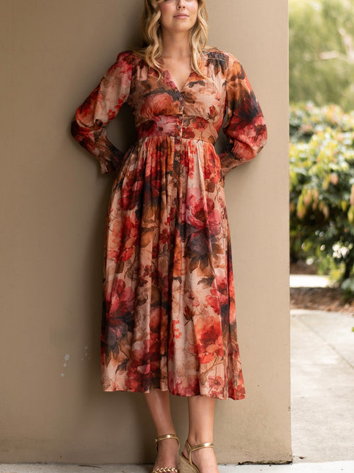 Rosalie Floral Button Dress- Rust