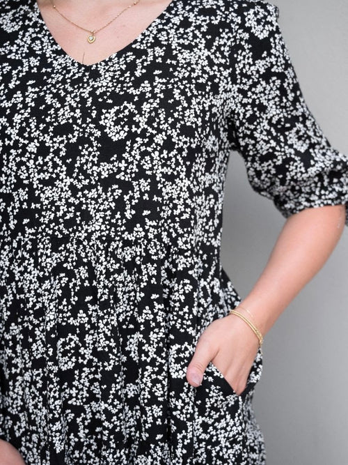 Ditzy Print Midi Dress- Blk/Wht