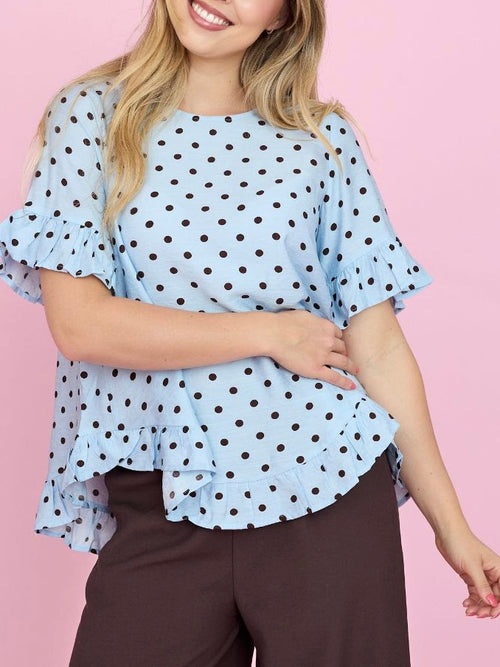 Polka Dot Frill Hem Top- Blue/Choc