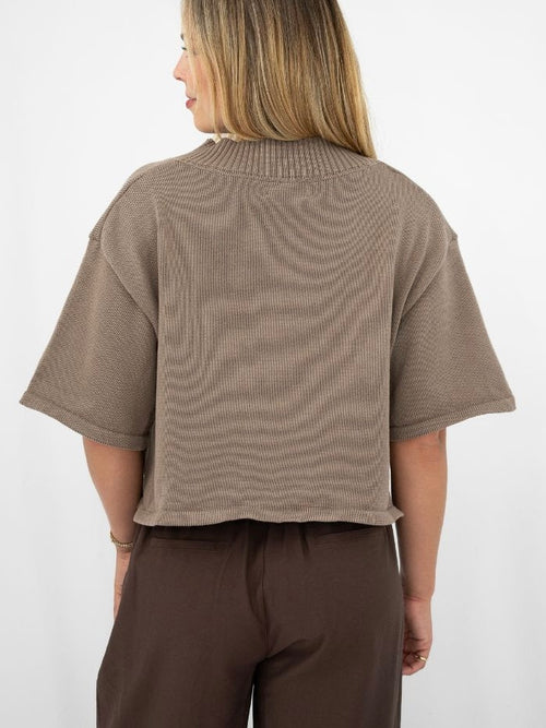 Open Knit Button Top- Mocha