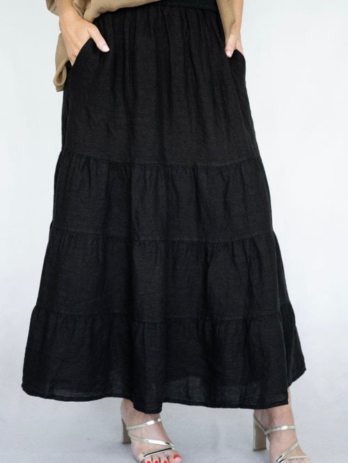 Italian Linen Maxi Tiered Skirt- Black