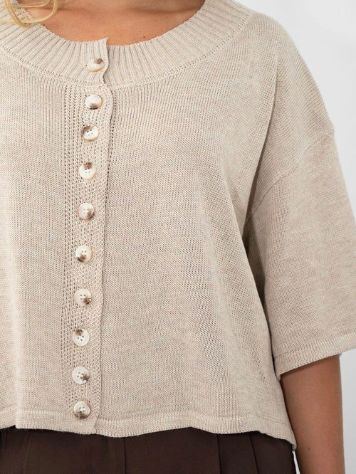 Open Knit Button Top- Beige