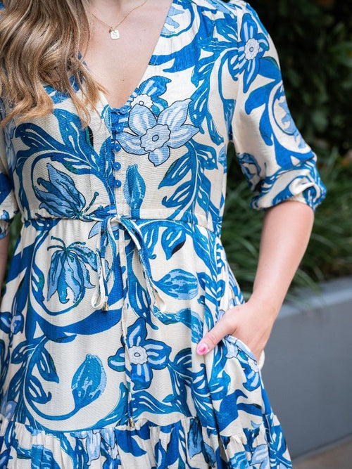 Passion Floral Selma Dress- Blue