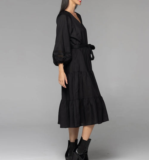 Faraway Tiered Midi Dress- Black