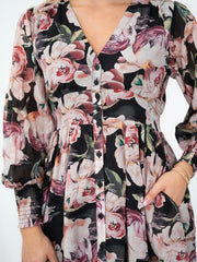 Blush Floral Print Button Dress- Black