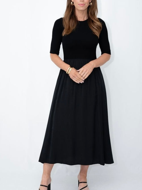 Rib Contrast Dress- Black