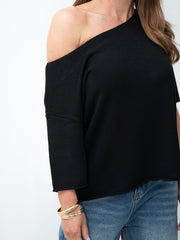 Crepe Knit Off Shoulder Top- Black