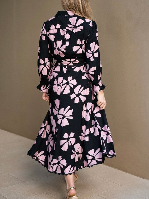 Cosmos Godet Lace Trim Dress - Blk/Pink