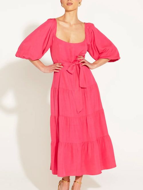 One & Only Tiered Midi Dress- Hot Pink