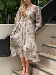Flower Bouquet Print Button Dress- Beige
